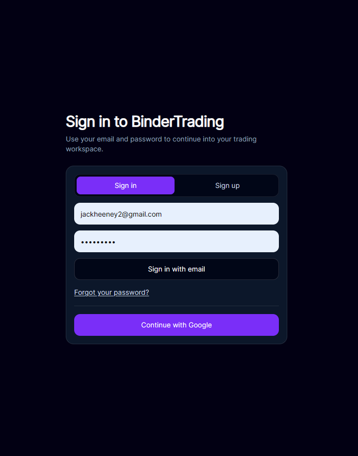 BinderTrader login page with Google sign-in