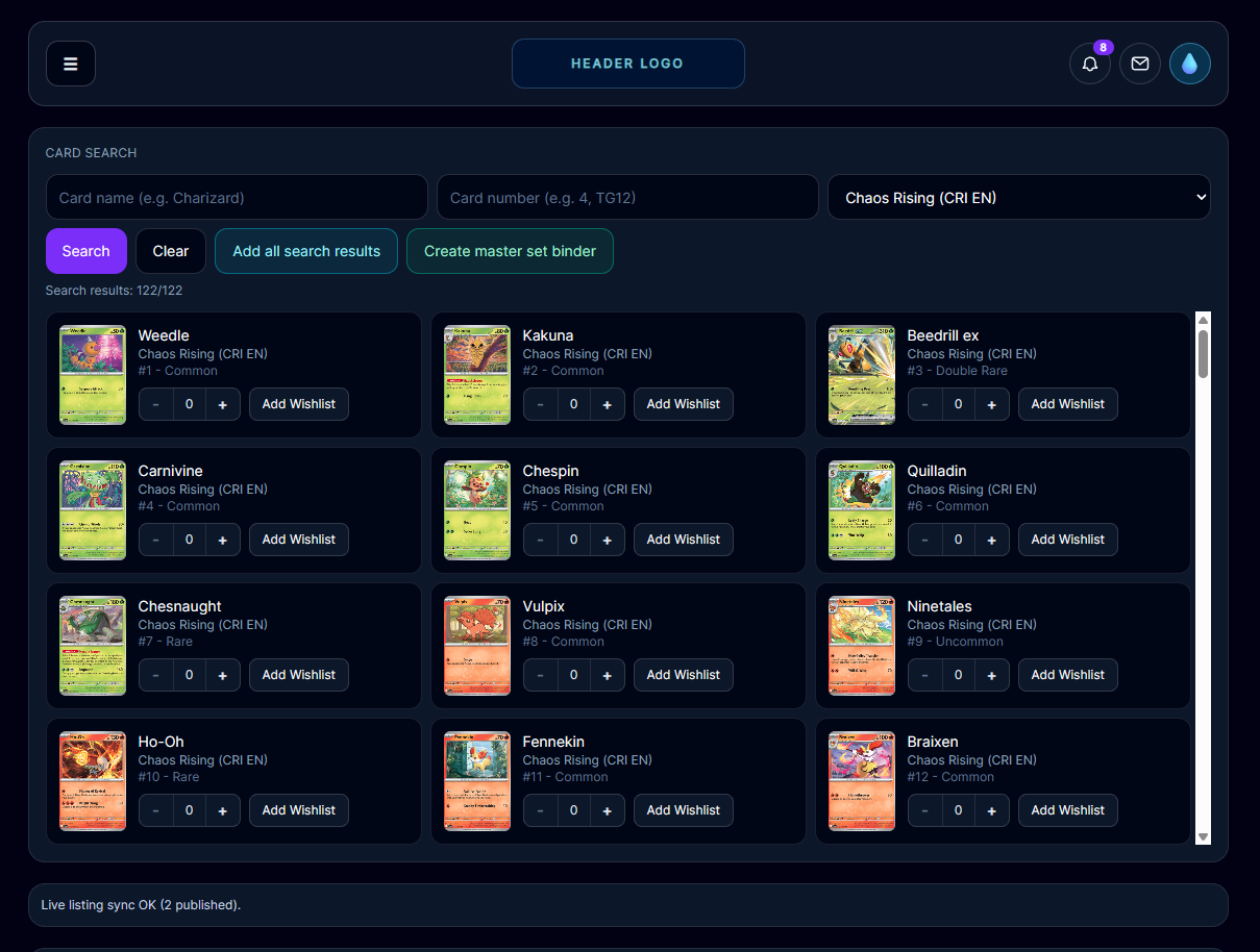 Selecting cards for binders in BinderTrader