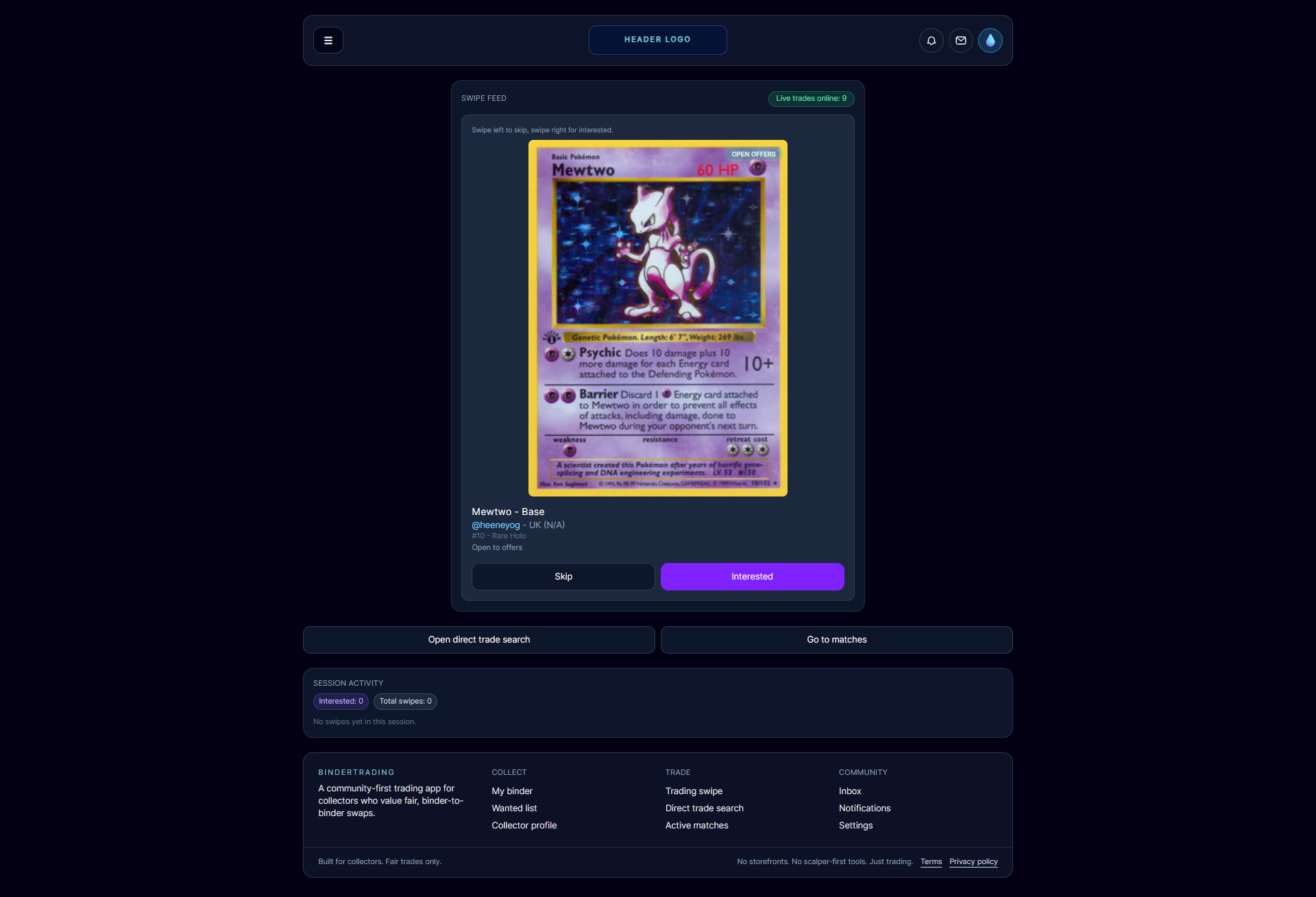 BinderTrader trading matching page
