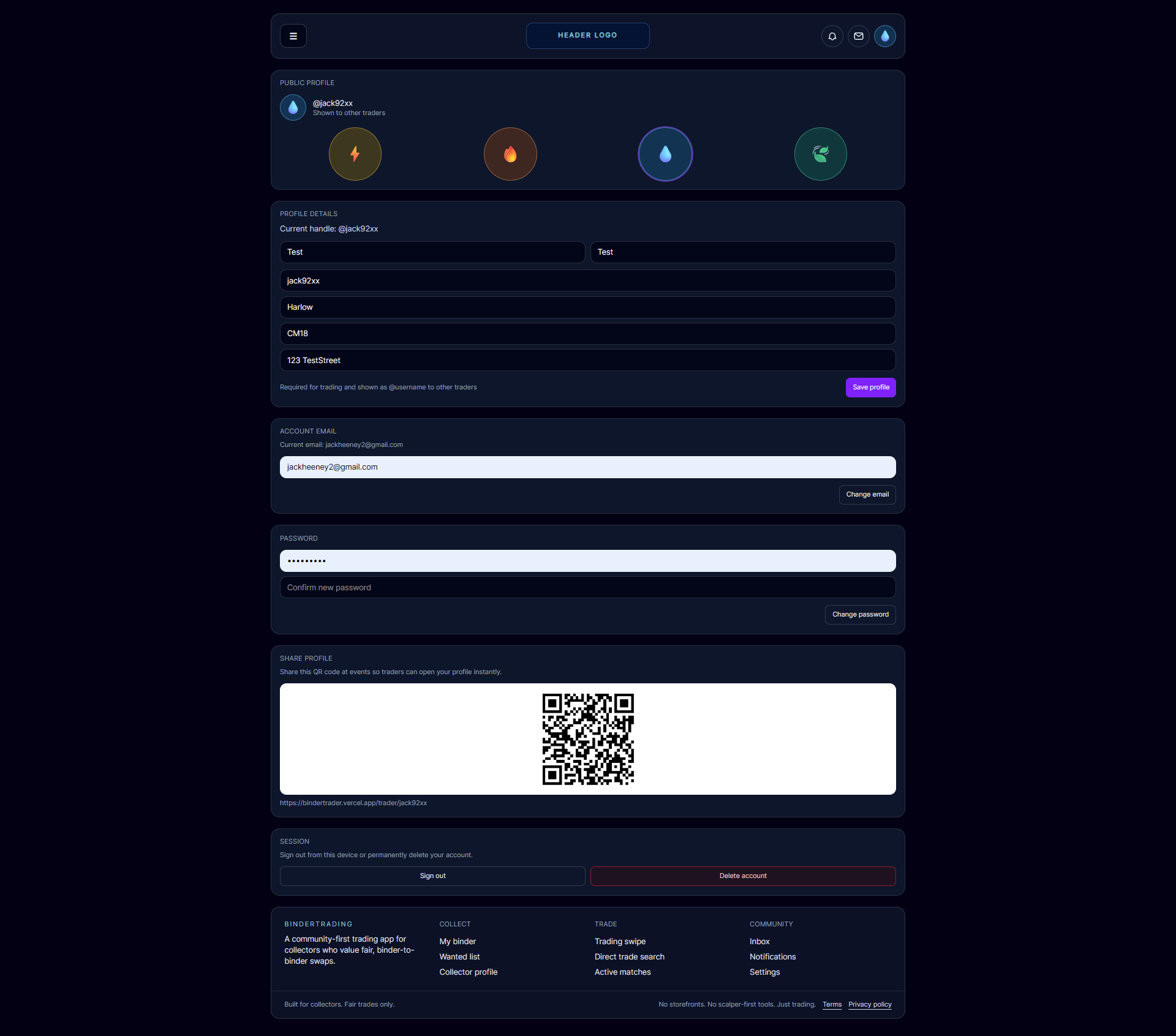 BinderTrader user profile screen