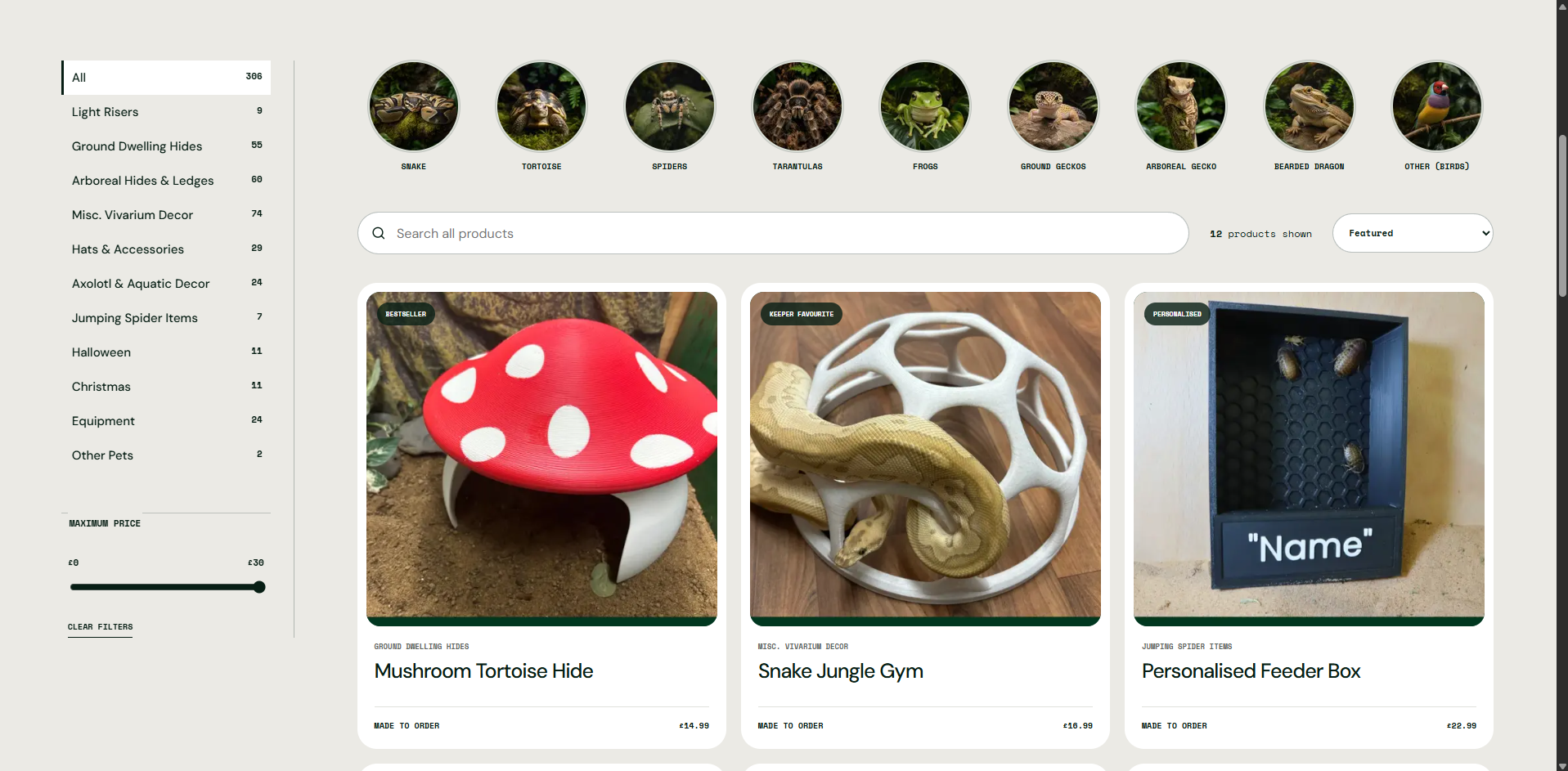 Filterable product catalogue with animal categories, search, sorting and price control