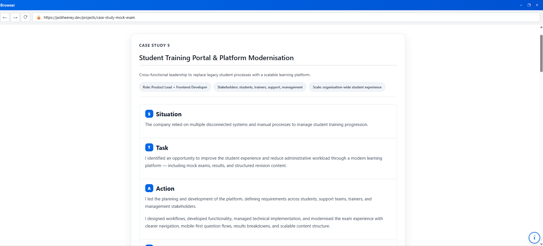 Case study page using STAR format for Student Training Portal project