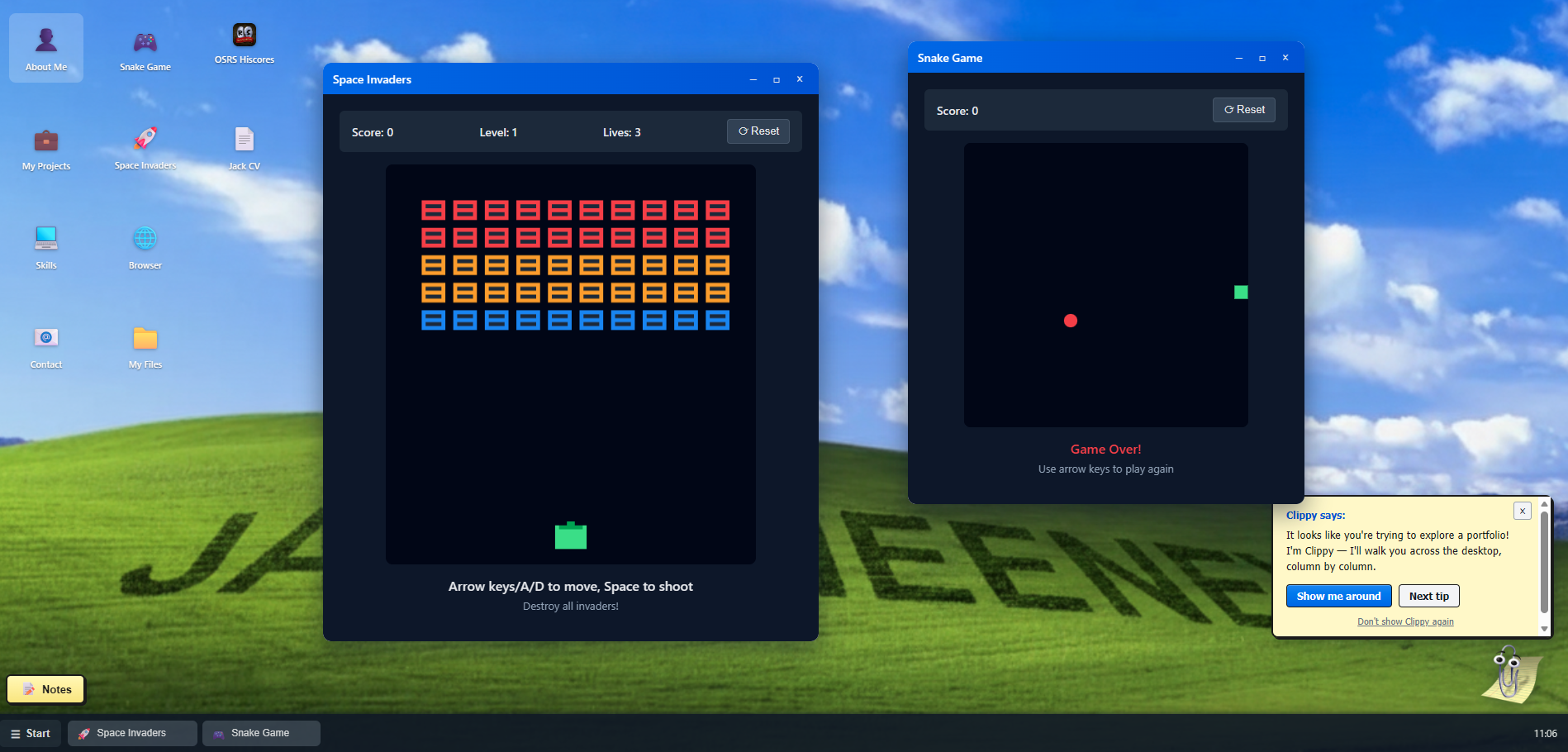 Snake Game and Space Invaders windows open on the desktop portfolio