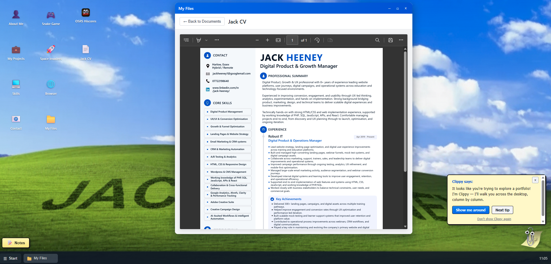 My Files window displaying Jack Heeney CV PDF on the desktop