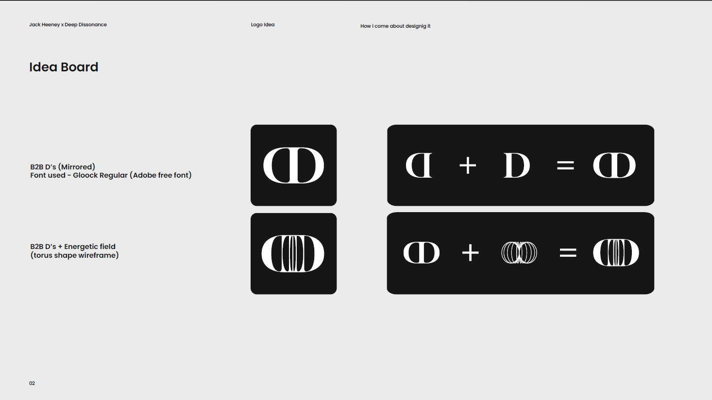 Deep Dissonance logo idea exploration showing mirrored D letterforms