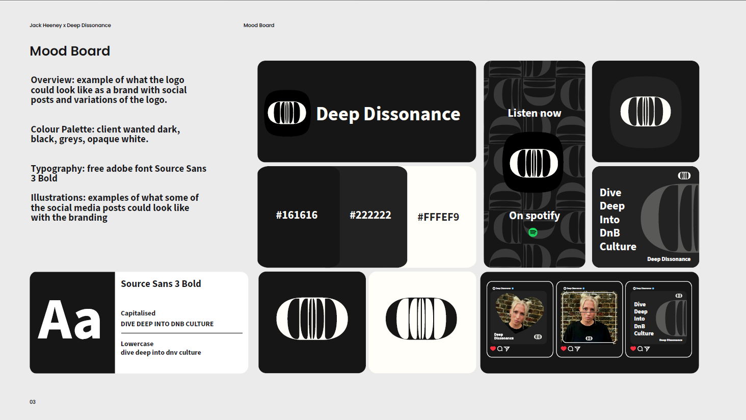 Deep Dissonance full mood board with colour palette, typography, and social mock-ups