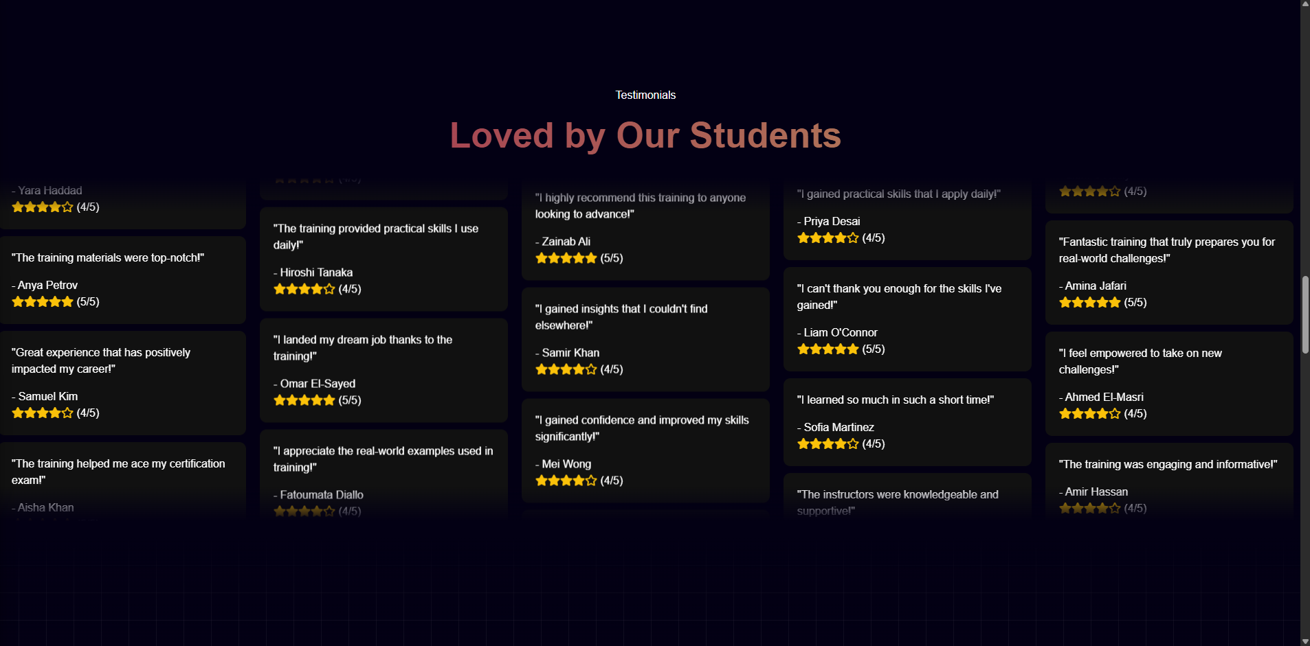 SkillsNest student testimonial wall