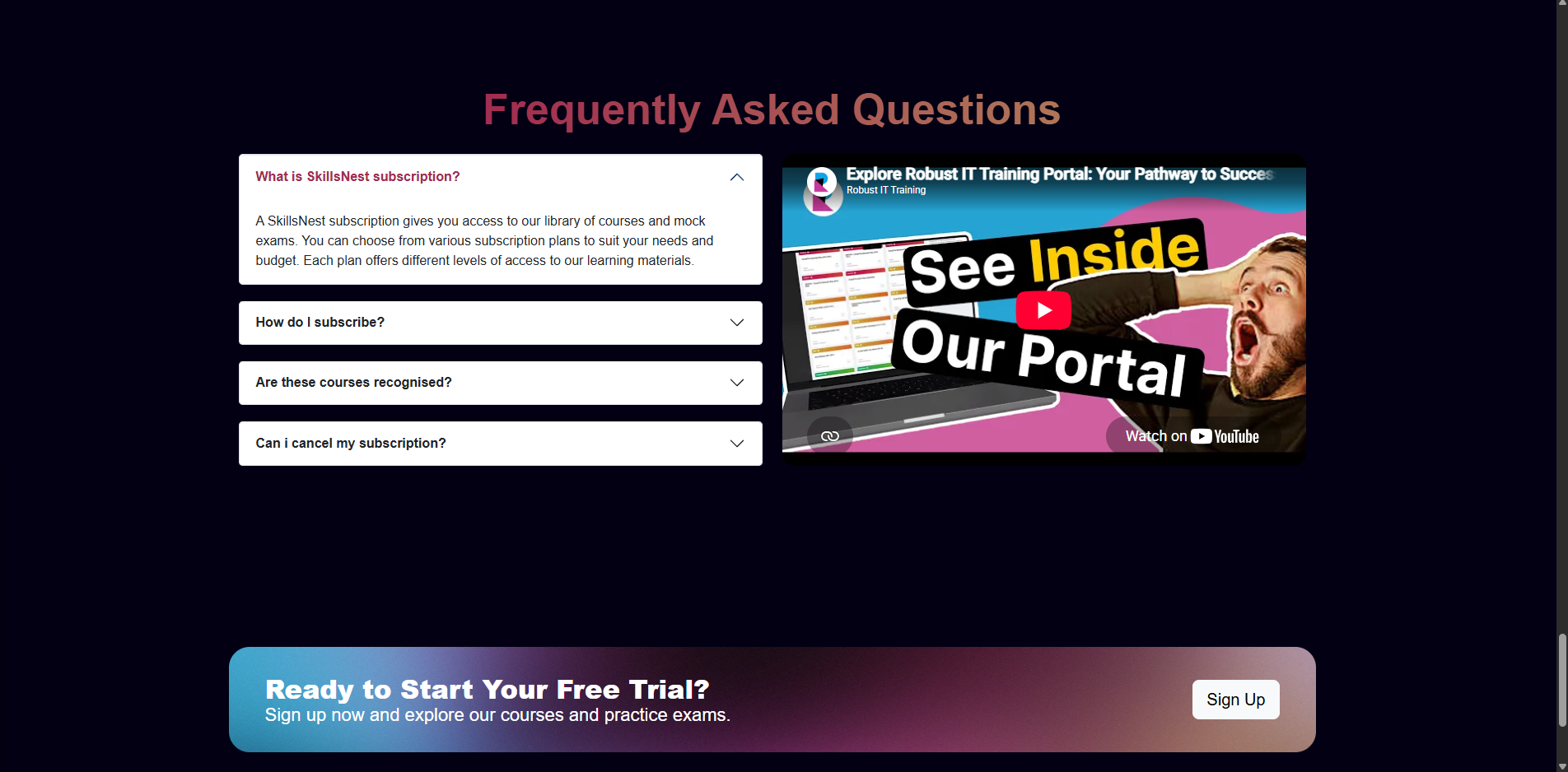 SkillsNest FAQ accordion, portal video and free-trial call to action