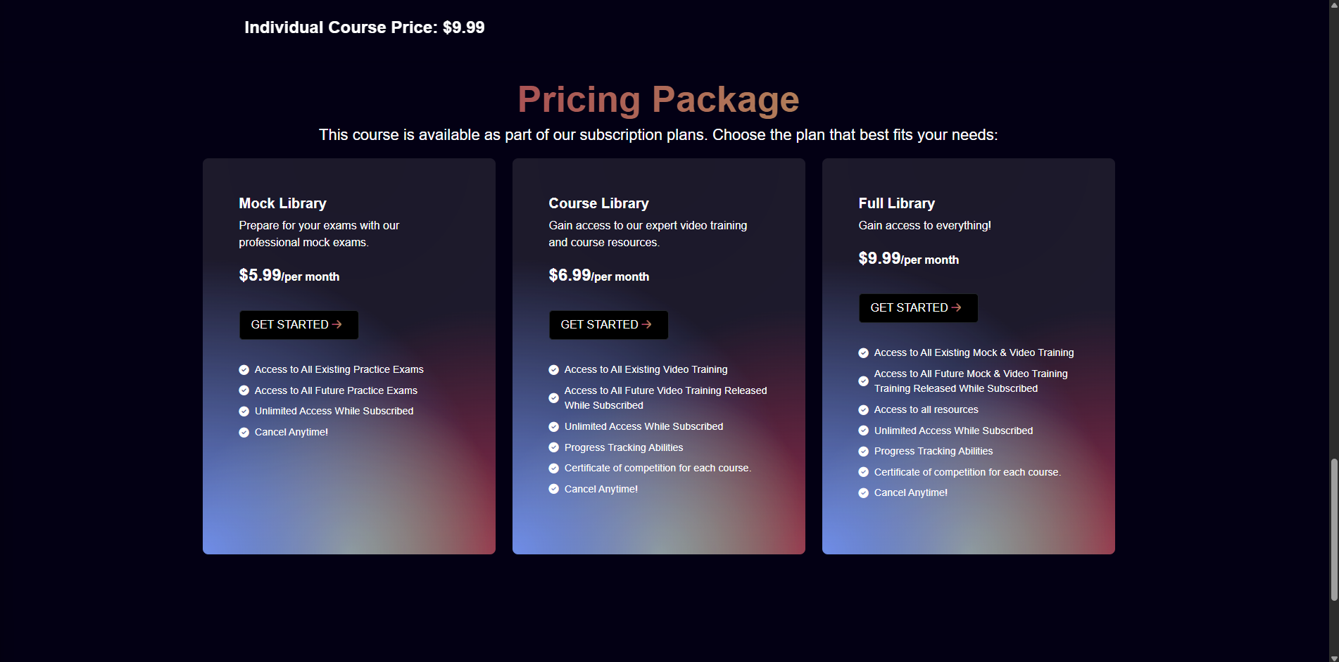 Subscription pricing options on an individual course page
