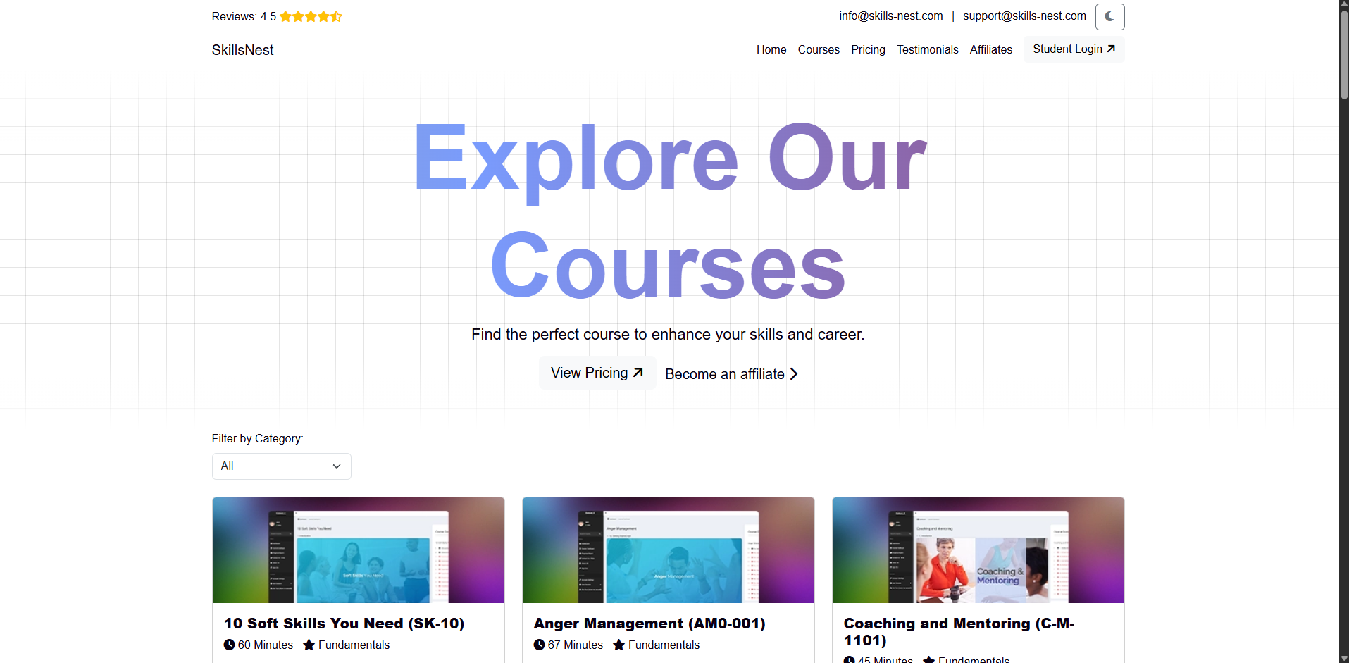 SkillsNest filterable course catalogue in light mode