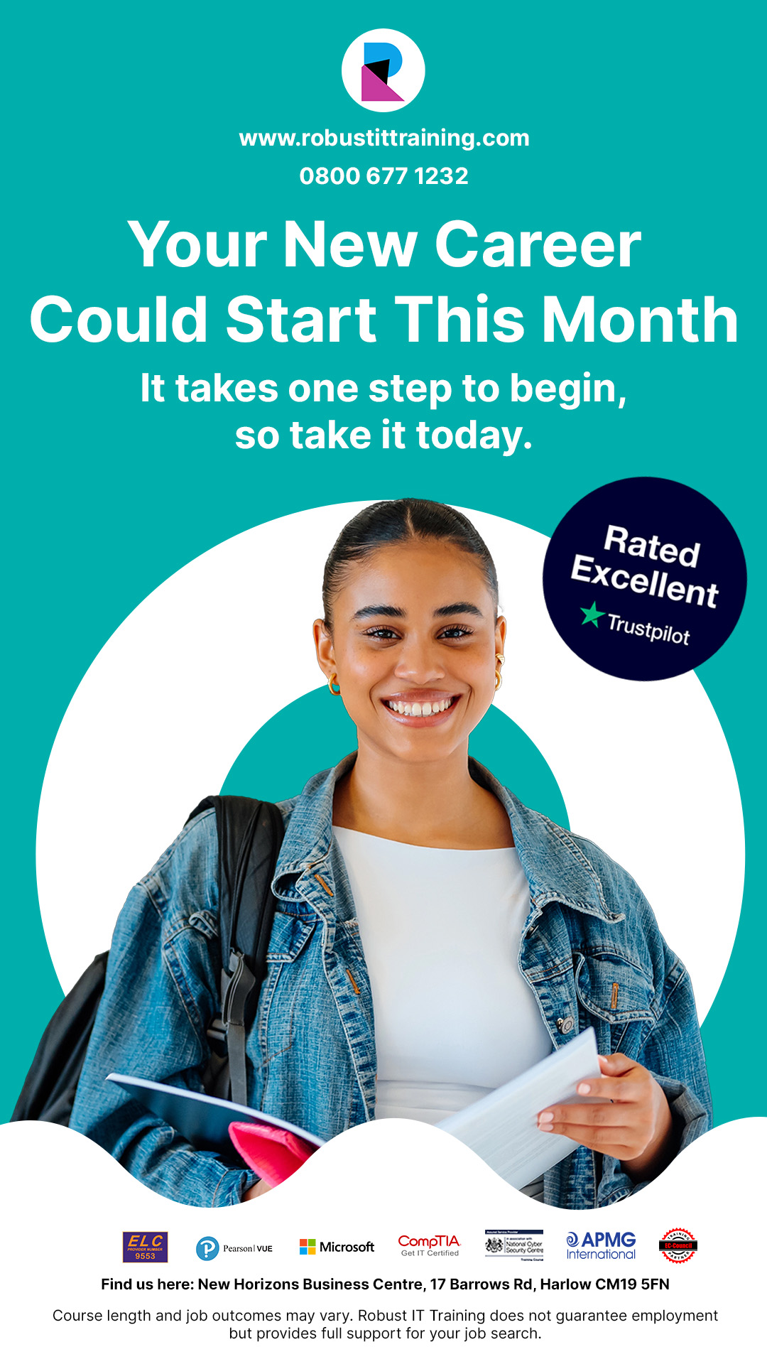 Vertical digital bus stop ad for Harlow with career training messaging