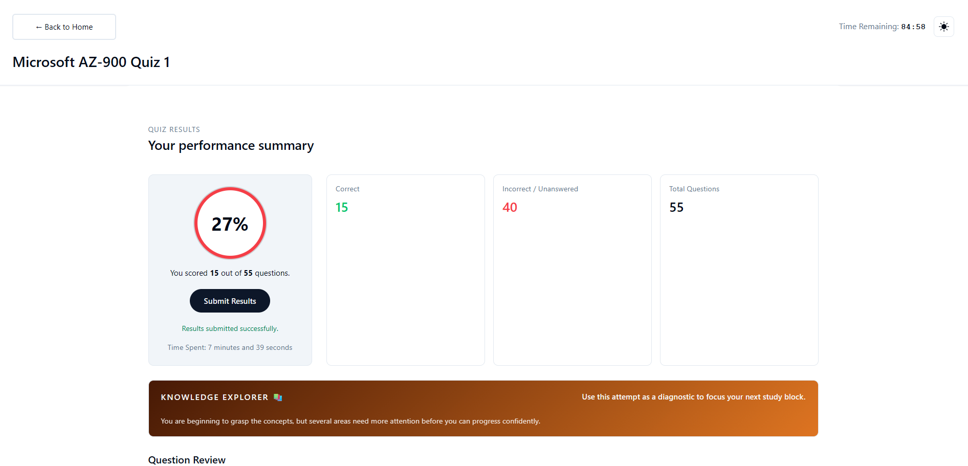 Redesigned mock exam results summary