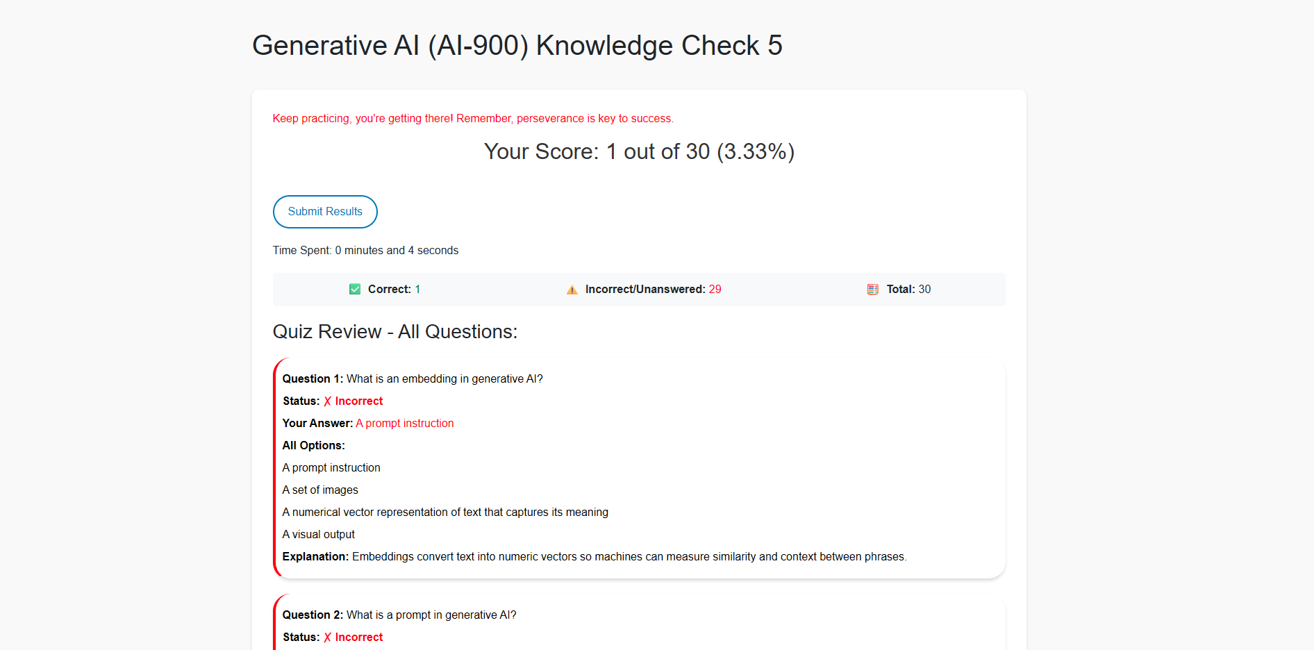 Previous mock exam results summary